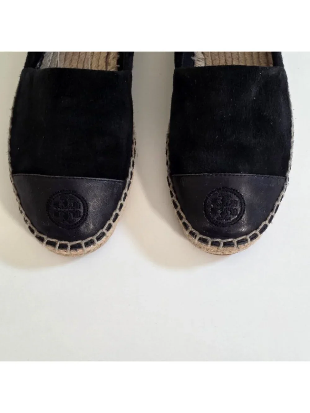 Tory Burch Espadrille Flats Shoes Women 8M Black Suede Leather Cap Toe Double T